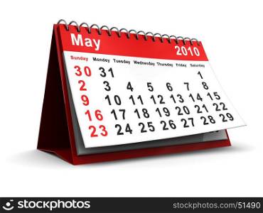 3d illustration of may 2010 calendar over white background