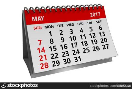 3d illustration of may 2017 calendar isolated over white background