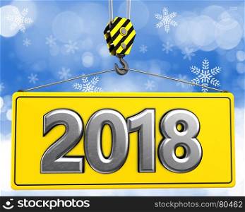 3d illustration of metal 2018 sign with crane hook over snow background. 3d crane hook with metal 2018 sign