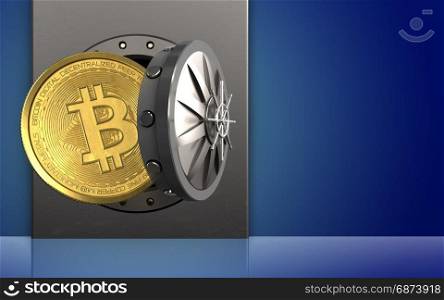 3d illustration of metal box with bitcoin over blue background. 3d bitcoin over blue