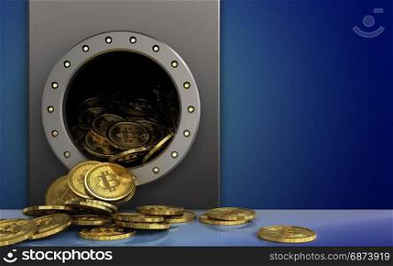 3d illustration of metal box with bitcoins heap over blue background. 3d bitcoins heap over blue