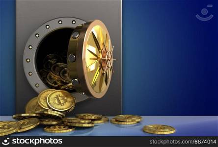 3d illustration of metal box with bitcoins heap over blue background. 3d bitcoins heap over blue