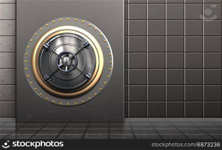 3d illustration of metal box with closed bank door over steel wall background. 3d closed bank door safe