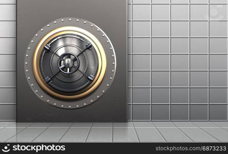 3d illustration of metal box with closed bank door over white wall background. 3d closed bank door closed bank door