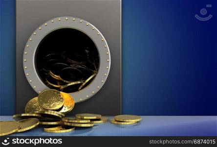 3d illustration of metal box with coins over blue background. 3d coins over blue