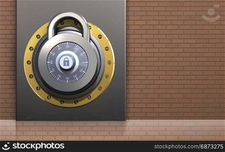 3d illustration of metal box with lock over bricks wall background. 3d metal box lock