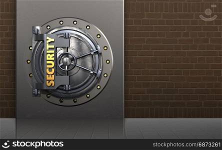 3d illustration of metal box with security door over bricks background. 3d safe metal box