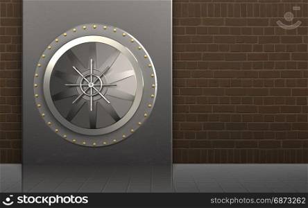 3d illustration of metal box with vault door over bricks background. 3d vault door vault door