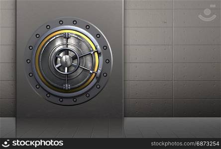3d illustration of metal box with wheel door over iron wall background. 3d metal box safe