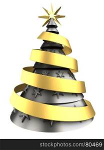 3d illustration of metal Christmas tree over white background with stars decoration. 3d metal Christmas tree