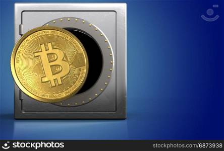 3d illustration of metal safe with bitcoin over blue background. 3d bitcoin over blue