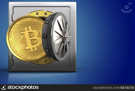 3d illustration of metal safe with bitcoin over blue background. 3d bitcoin over blue