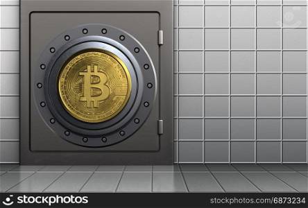 3d illustration of metal safe with bitcoin safe over white wall background. 3d metal safe safe