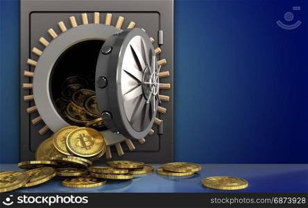 3d illustration of metal safe with bitcoins heap over blue background. 3d bitcoins heap over blue