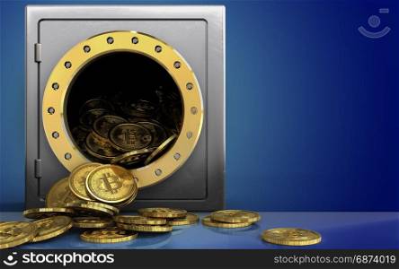 3d illustration of metal safe with bitcoins heap over blue background. 3d bitcoins heap over blue