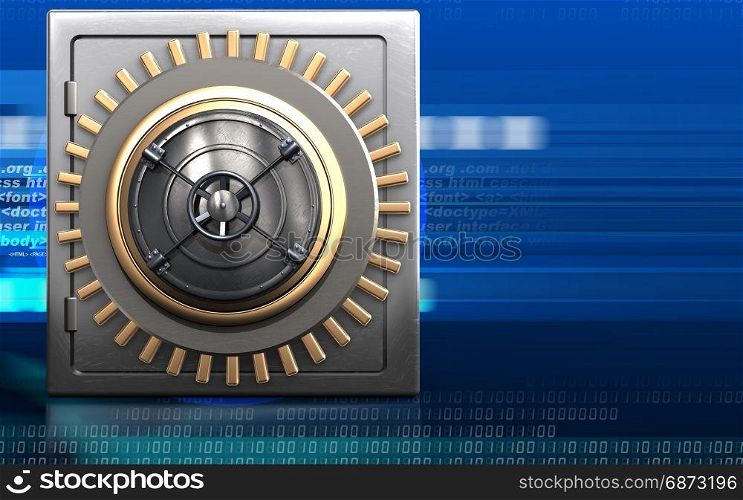 3d illustration of metal safe with closed bank door over cyber background. 3d closed bank door safe