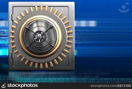 3d illustration of metal safe with closed bank door over cyber background. 3d closed bank door safe