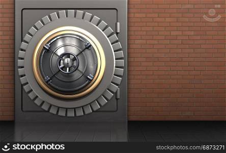 3d illustration of metal safe with closed bank door over red bricks background. 3d closed bank door metal safe