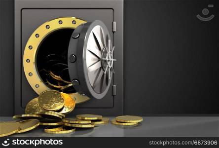 3d illustration of metal safe with coins over black background. 3d coins over black