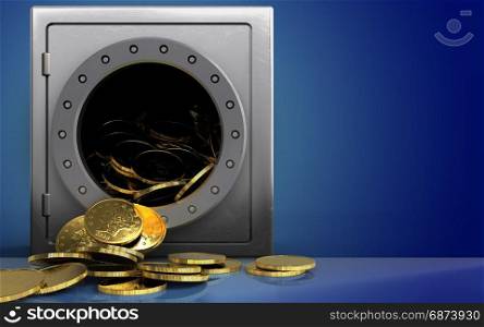 3d illustration of metal safe with coins over blue background. 3d coins over blue