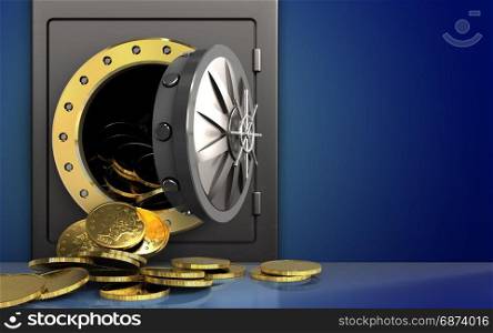 3d illustration of metal safe with coins over blue background. 3d coins over blue