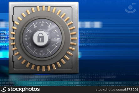 3d illustration of metal safe with combination lock over cyber background. 3d metal safe safe