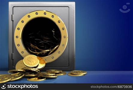 3d illustration of metal safe with dollar coins over blue background. 3d dollar coins over blue