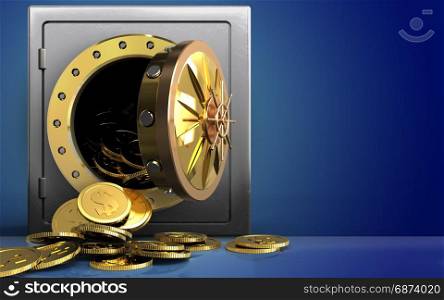 3d illustration of metal safe with dollar coins over blue background. 3d dollar coins over blue