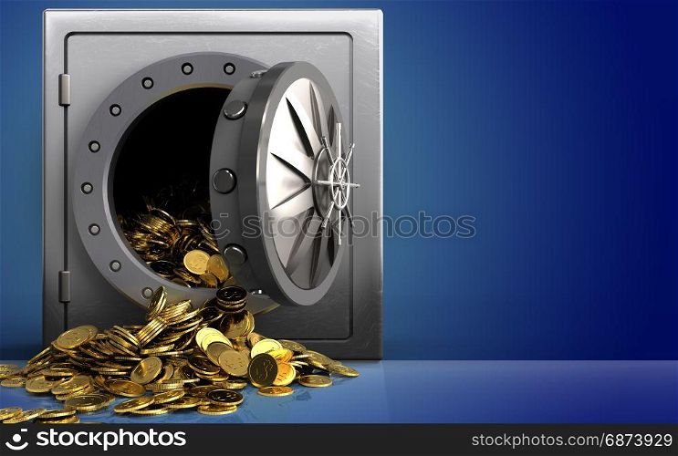 3d illustration of metal safe with golden coins over blue background. 3d golden coins over blue
