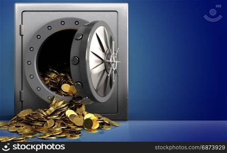 3d illustration of metal safe with golden coins over blue background. 3d golden coins over blue
