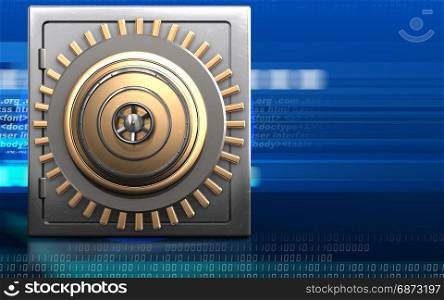 3d illustration of metal safe with golden vault door over cyber background. 3d safe safe