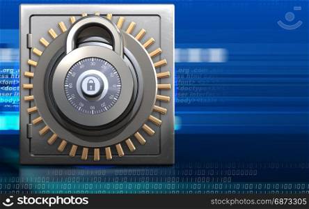 3d illustration of metal safe with lock over cyber background. 3d safe lock