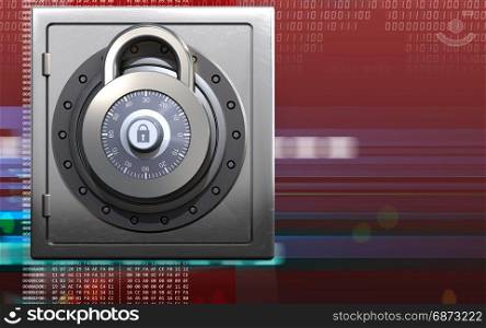 3d illustration of metal safe with lock over digital red background. 3d lock metal safe