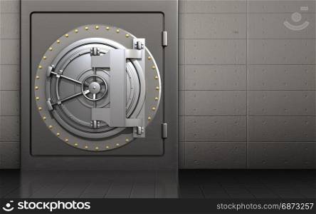 3d illustration of metal safe with steel bank door over iron wall background. 3d steel bank door steel bank door
