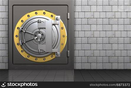 3d illustration of metal safe with steel bank door over white stones background. 3d steel bank door metal safe