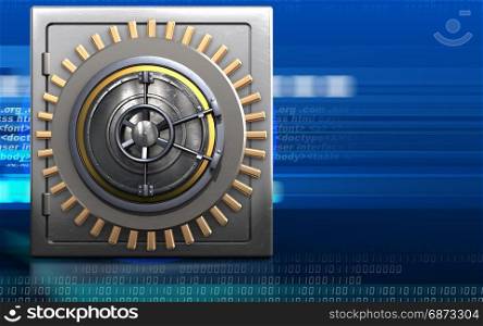 3d illustration of metal safe with wheel door over cyber background. 3d metal safe metal safe