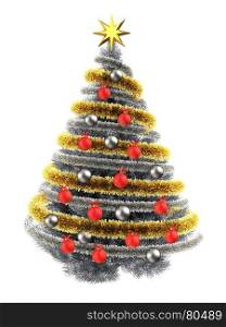 3d illustration of metallic Christmas tree over white with red balls and frippery. 3d tinsel silver