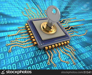 3d illustration of microchip over digital background with key