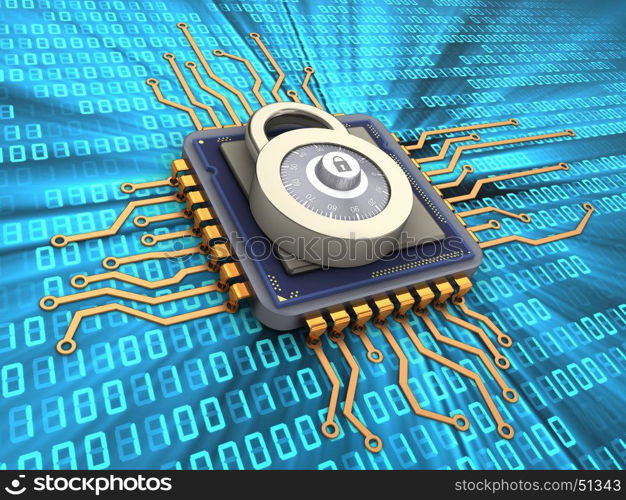 3d illustration of microchip over digital background with lock