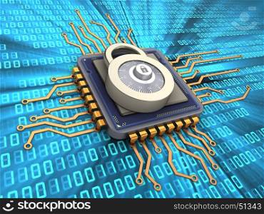 3d illustration of microchip over digital background with lock