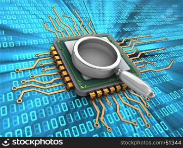 3d illustration of microchip over digital background with magnify glass