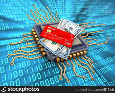 3d illustration of microchip over digital background with money