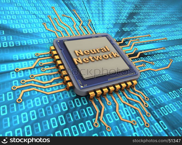 3d illustration of microchip over digital background with neural network sign