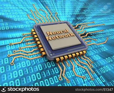 3d illustration of microchip over digital background with neural network sign