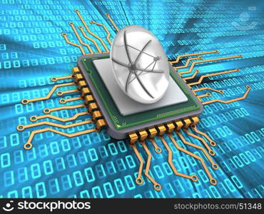 3d illustration of microchip over digital background with satellite antenna