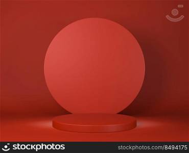3D illustration of minimal red color podium stand for product showcase with work path 