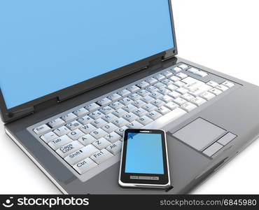 3d illustration of mobile phone on laptop computer keyboard. mobility