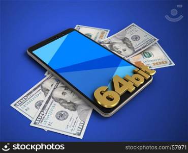 3d illustration of mobile phone over blue background with banknotes and 64 bit sign. 3d banknotes