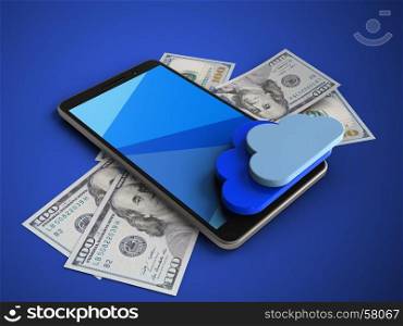 3d illustration of mobile phone over blue background with banknotes and clouds. 3d banknotes
