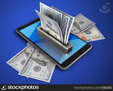 3d illustration of mobile phone over blue background with banknotes and money. 3d money